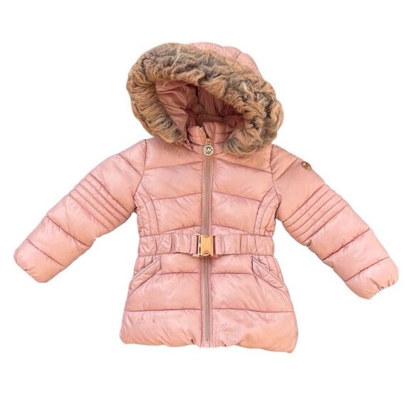 MICHAEL MICHAEL KORS Pink Little Girl’s Belted Hooded Puffer Coat Size 3T Fur - Picture 1 of 10